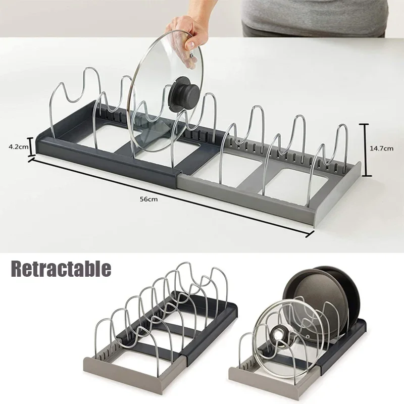 6 grids Kitchen Cabinet Organizers for Pots and Pans Expandable Stainless Steel Storage Rack Cutting Board Drying Cookware Shelf