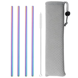Elegant Black Reusable Stainless Steel Straw Set - 5 Piece Home Bar Accessory with Cleaning Brush and Carry Bag (Rainbow)