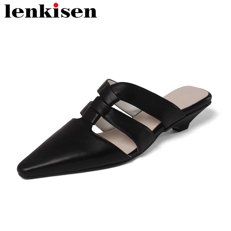 

Lenkisen 2022 New Arrival Full Grain Leather Pointed Toe Med Heel Slip on Mules Solid Color Elegant Comfortable Women Pumps L65