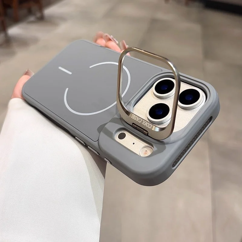 Premium Magnetic Liquid Silicone Shockproof Phone Case with Metal Lens Stand Holder