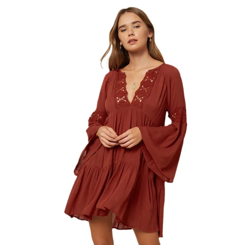 Bohemian Casual Summer Beach Dress Solid Tunic Summer Women Beach Wear Sexy V Neck flare Long Sleeve Mini Dresses