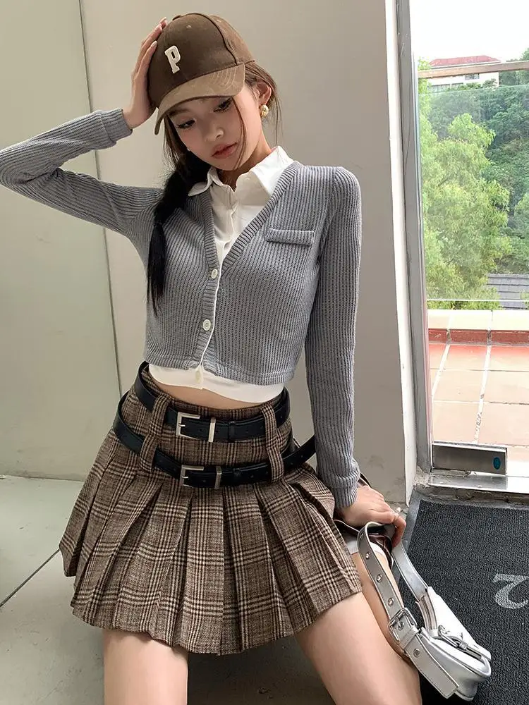 ミニスカート Plaid Short Pleats Belt Skirt Women Vintage Elegant Brown Pleated Plaid Party Short Skirts
