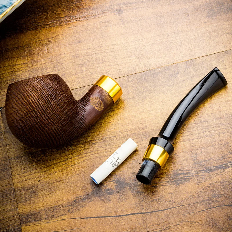 Oak Wood Sandblasted 9mm Flue Filter Tobacco Pipe Men Bent Type Gold And Silver Ring Handmade Smoking Pipe Gift Accessory