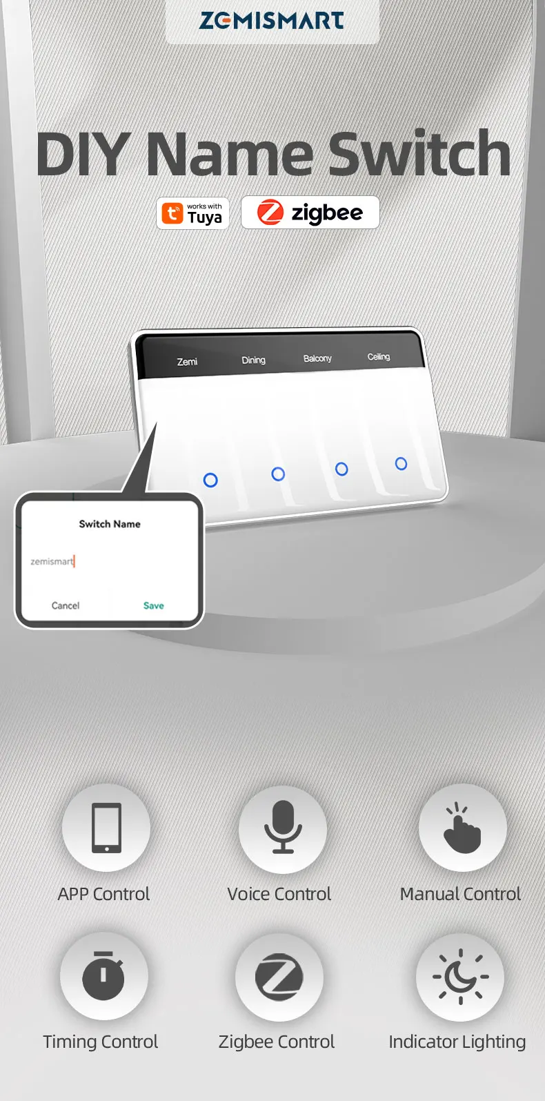 Zigbee DIY Name Switch with Horizontal Display Screen Touch Panel US Light Switc