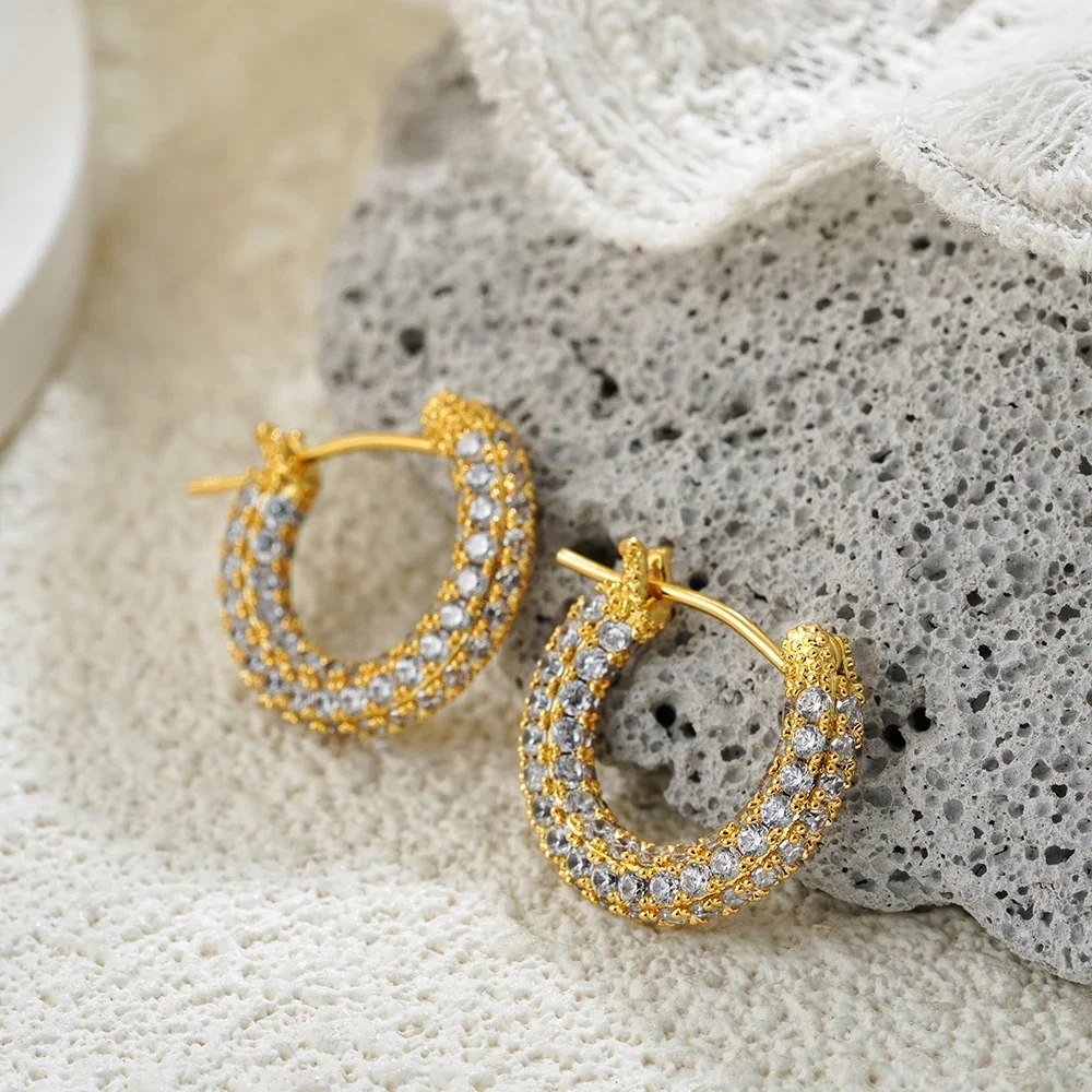 Italianate Embedded with Sparkling Zircon CZ Round Hoop Earrings Minimalist Gold Plated Ear Buckle Charm Rhinestone Jewelry Aros