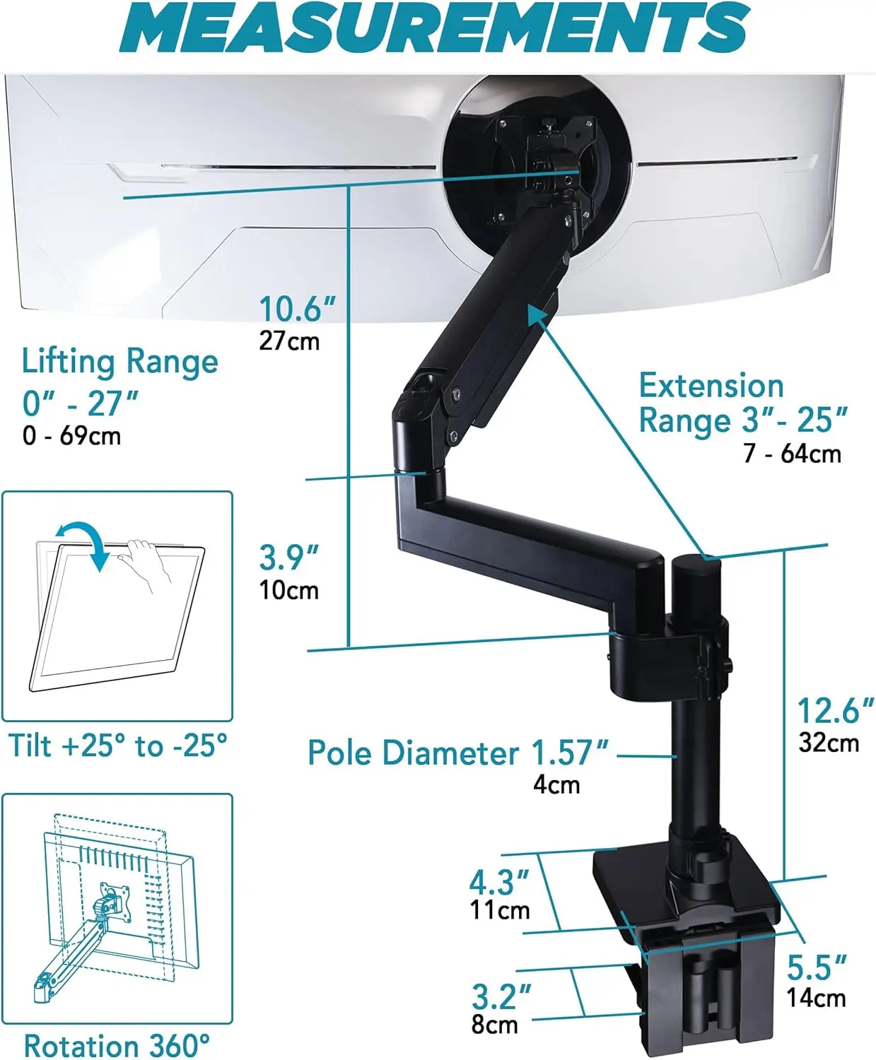 Heavy Duty Monitor Arm for Ultrawide Monitors up to 57" and 44 lbs, Single Desk Stand, Pneumatic Height Adjustable, Modular