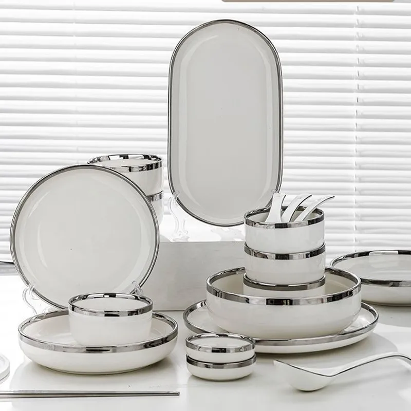 Nordic Style Silver Inlay Bright White Ceramic Dinner Sets Bowls Dish Plates Set Porcelain Dinnerware For Household Hotel