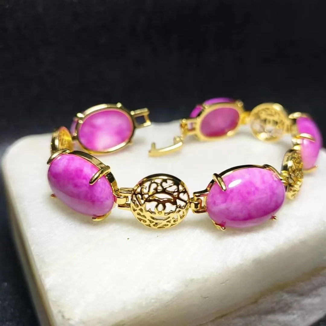 

Gold Plated Pink Peach Blossom Jade Bracelet Women's Single-sided Jade Bracelet Bracelet Bracelet
