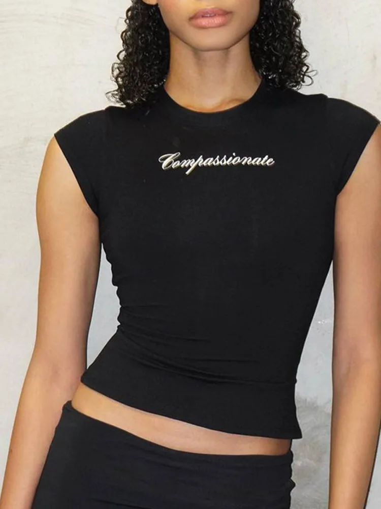 

Y2k Streetwear Crop Tops Letter Print Black Tees Short Sleeve Graphics T Shirt Womens 2023