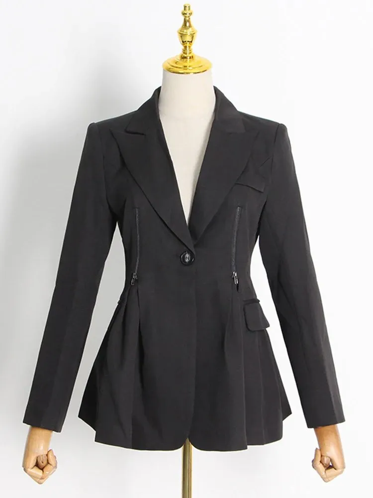 KBQ Patchwork Zipper Tunic Chic Blazer For Women Notched Collar Long Sleeve Spliced Buttons Temperament Blazers Female Fashion