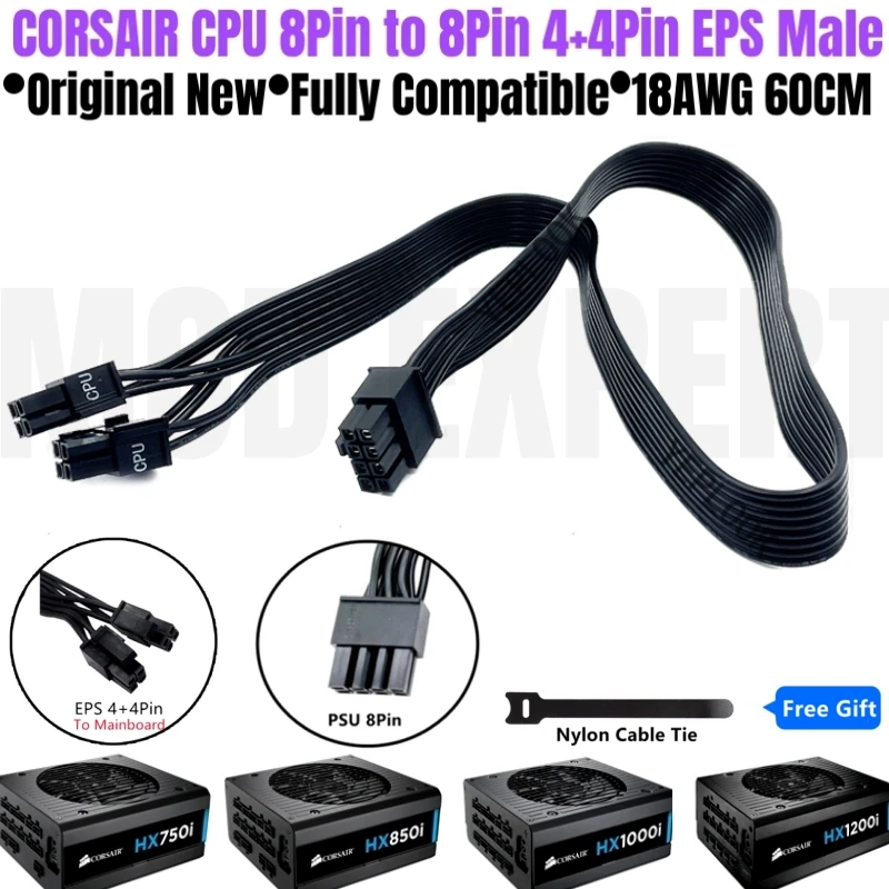 

Original New CORSAIR CPU Power Cable PSU 8Pin to 4+4Pin EPS12V 18AWG 65CM for HX750i HX850i HX1000i HX1200i Modular Power Supply