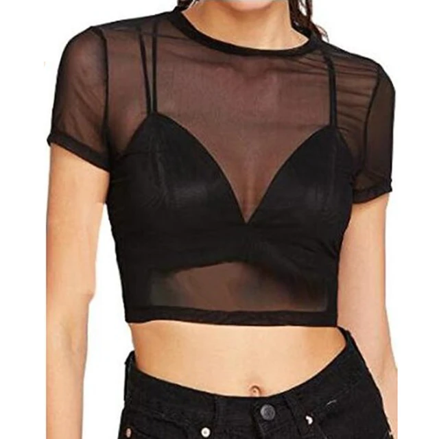 Women's Mesh Crop Top Long Sleeve Black See-through Sheer Shirts