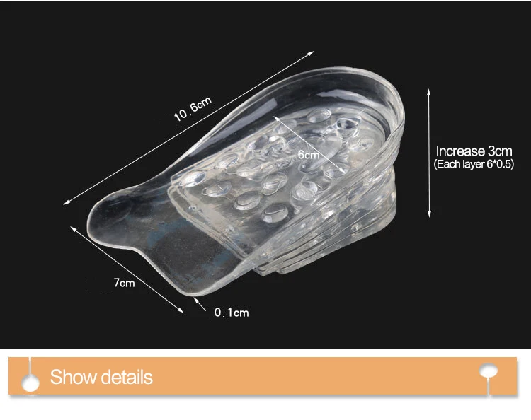 Höhe erhöhen, bequemes, transparentes Fersenkissen, 5-lagig, verstellbare, größere Einlegesohle, Silikongel-Einsätze, Lift-Schuhpolster innen – Detail 3
