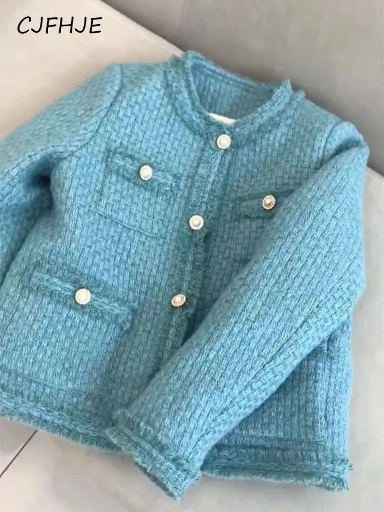 CJFHJE New Retro Blue Cotton Clip Women's Coat Winter French Fashion Classic Round Neck Single Breasted Women High Quality Coats