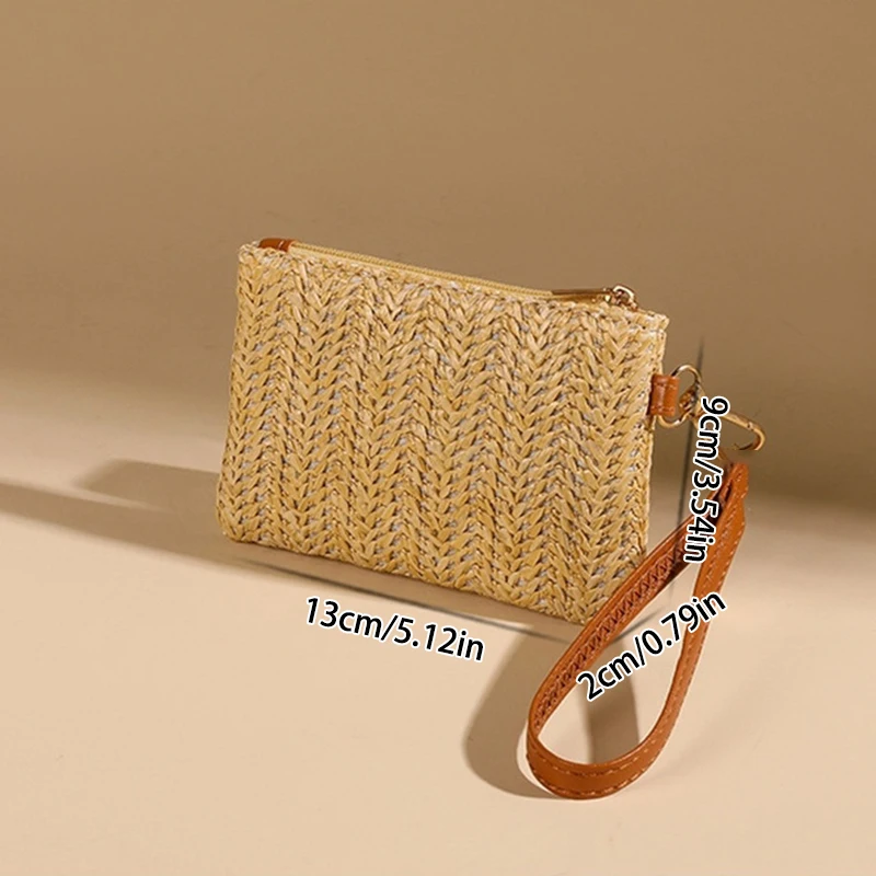 Solid Color Straw Bag Fashion Ladies Wristlet Wallet Portable Coin Purse Holder Bag Lipstick 1PC