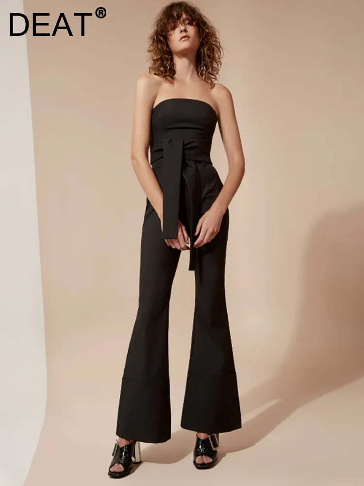 

DEAT Women's Fashion Evening Jumpsuits Strapless Patchwork Lace-up High Waist Loose Female Playsuits Summer 2023 New 13DB3471