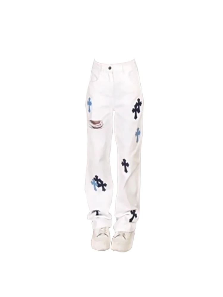 

Women White Ripped High Waist Wide Leg Jeans Vintage Denim Pants 90s Punk Harajuku Jean Straight Trouser Y2k Streetwear Clothes