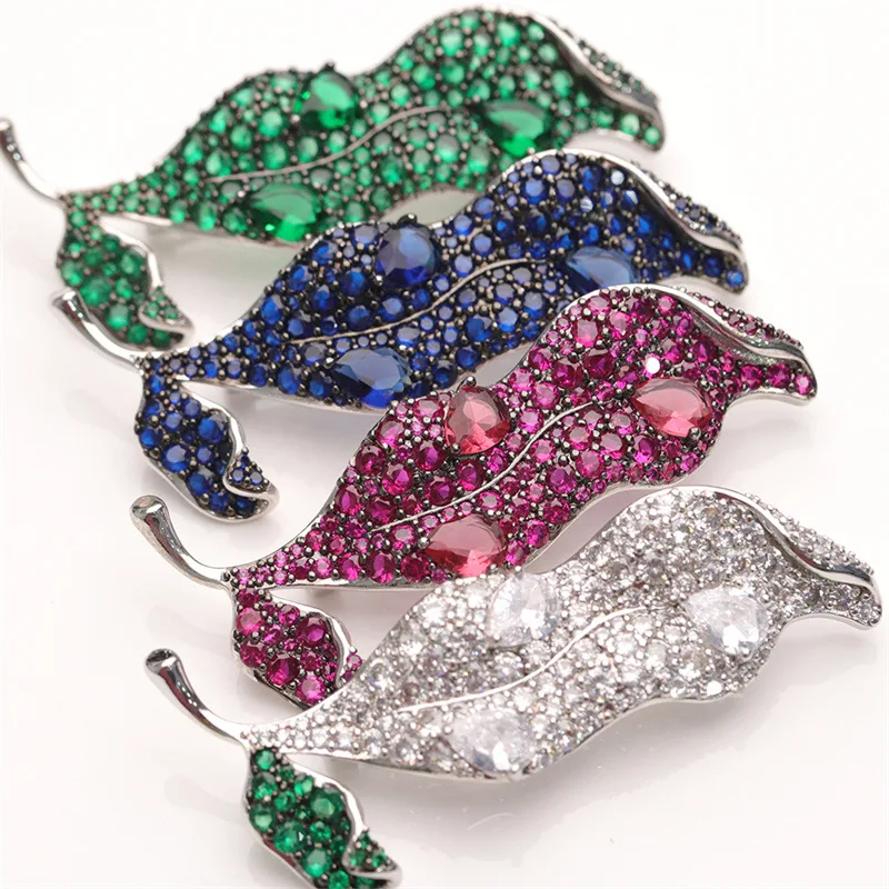 Big Leaf Brooch 64x32MM Multi Color Cubic Zirconia Micro Pave Leaf Silver Color Plated Shape Brooch For Women