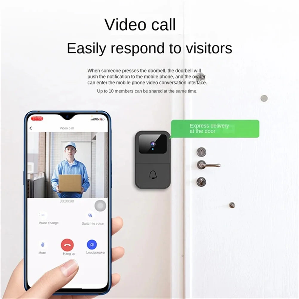 Wireless Doorbell Camera With Chime Battery Powered Wi-Fi HD Video Smart Door Bell With Night Vision Two-Way Talking