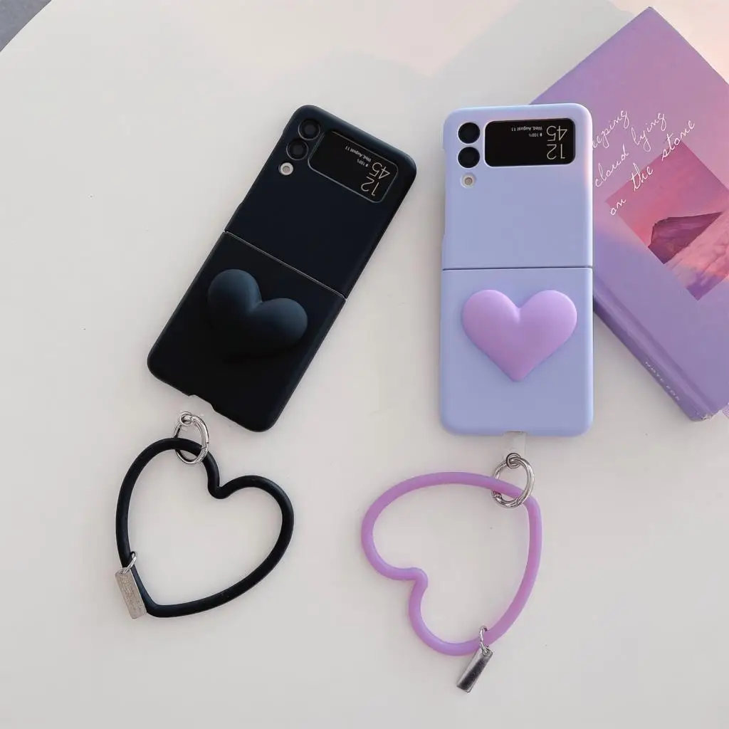 Custodia Per Telefono Con Cinturino Ad Anello A Mano Con Cuore D'Amore 3D Nero Viola Coreano Di Lusso Per Samsung Galaxy Z Flip 4 Z Flip 5 Zflip3 Zfli