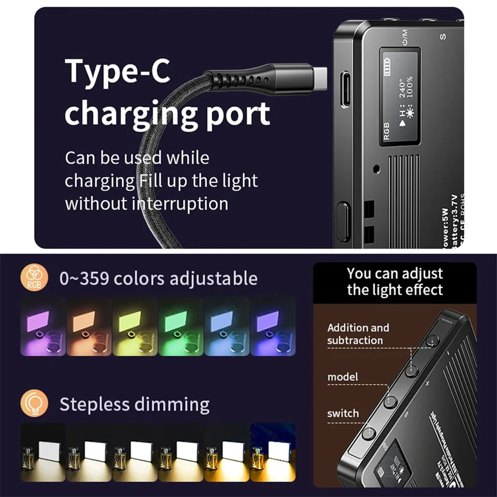 RGB LED 비디오 라이트 백 클립온 휴대폰 카메라 사진 조명 패널, 3000-9900K LCD 디스플레이 콜드슈, 라이브 스트리밍 DSLR