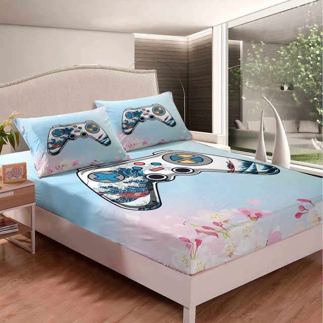 Gamepad Controller Fitted Sheet Full Size Japanese Style Bed Sheet for Kids  Boys Girl Teens,Ukiyo Style Wave Printed for Bedroom - AliExpress