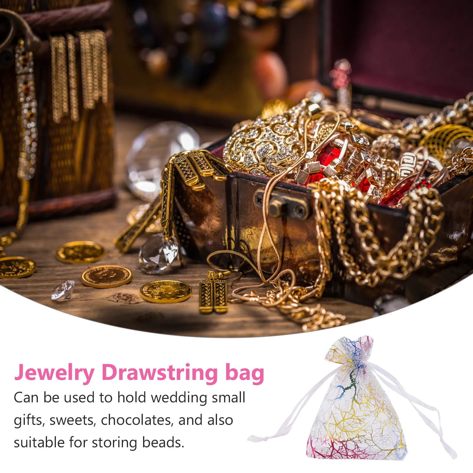 100Pcs Gift Organza Bags Colorful Gold Stamping Drawstring Pouches Reusable Wedding Party Small Jewelry Treat Storage Bags 2