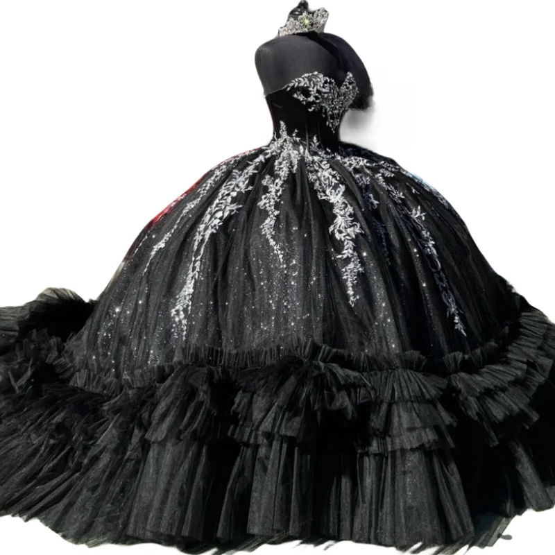Mexico Black Sweetheart Quinceanera Dress Lace Appliques Corset Prom Dress 3D Flowers Ball Gown Sweet 16 Party Robe De Bal