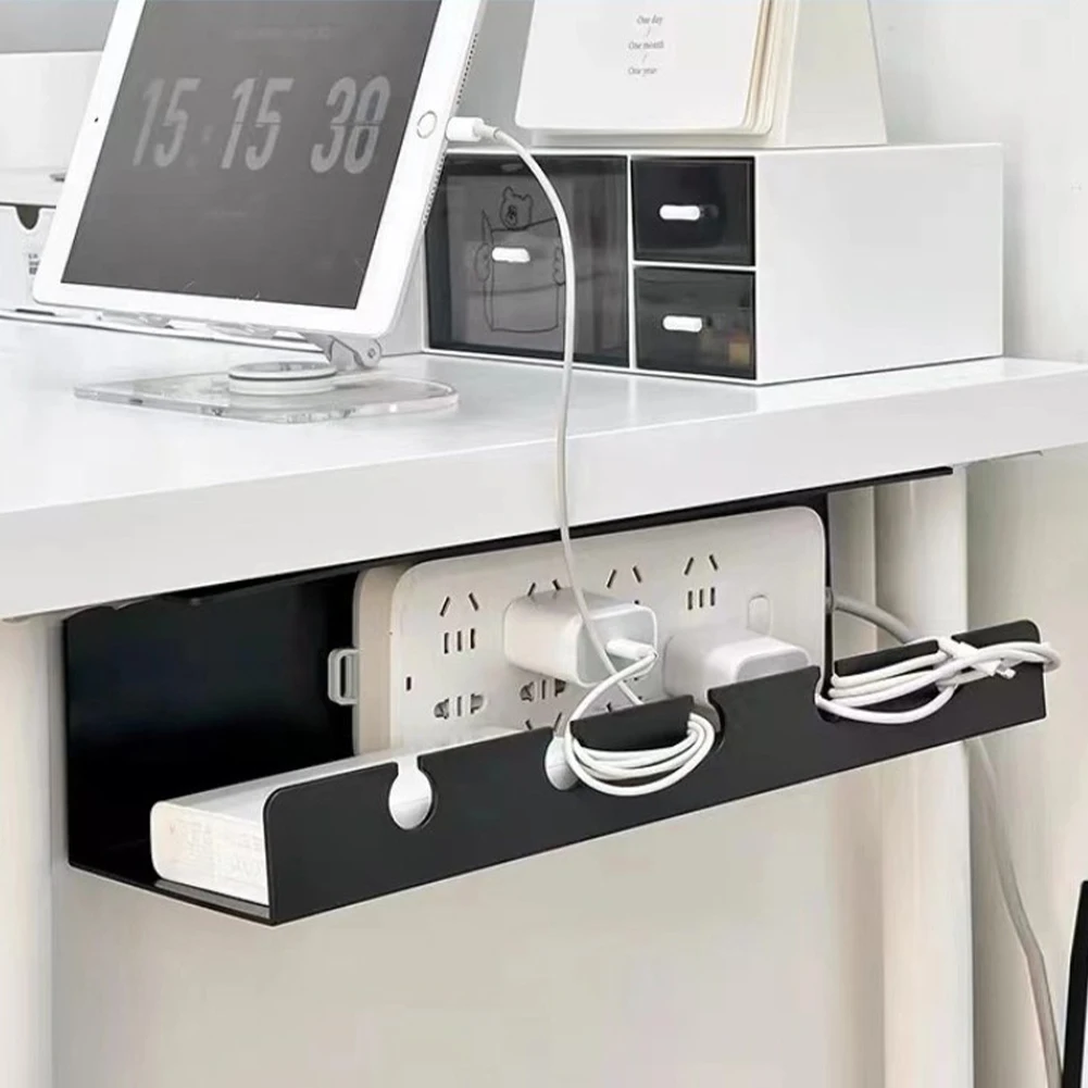 2Pcs Under Desk Cable Management Tray Self Adhesive Cord Organizer No Punching Wire Management Rack for Power Strip Adapter