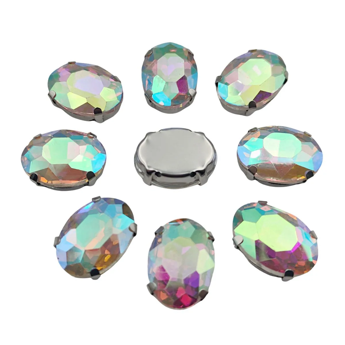 Oval Glass Rhinestones with Claw Setting on Silver Metal Base