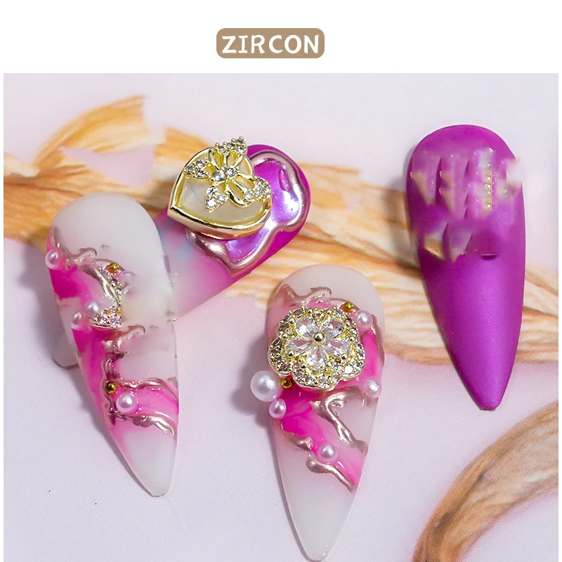 

5pcs 3D Luxurious Gold Heart Nail Chain "LOVE" Letter Flower Shiny Zirconia Pendant DIY Nail Art Accessories Decorations