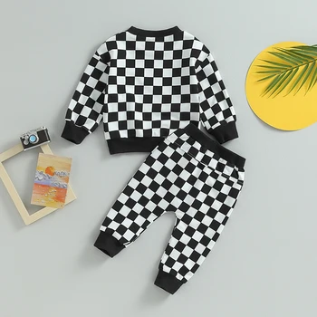 0-5Years Toddler Girls Boys 2Pcs Fall Clothing Outfit Plaid Long Sleeve Crew Neck Hoodie Sweatpants Set 3