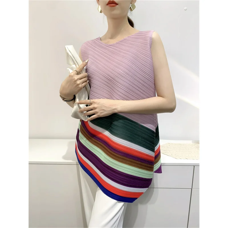 

Boutique miyke summer sleeveless top women's printed T-shirt irregular and comfortable casual pleated clothes [7016]