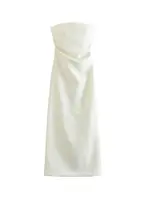 Women Fashion Strapless Gathered Midi Dress Sexy Straight Neck Back Slit Female Dresses Vestidos Mujer - Image 3