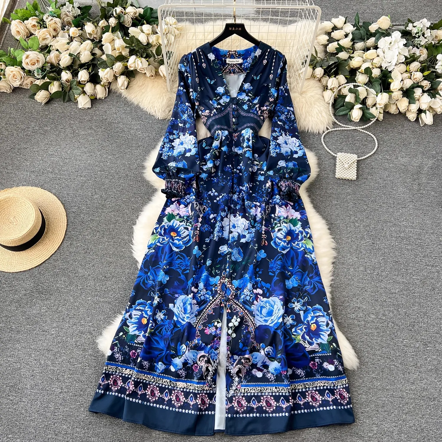 

Женское праздничное однобортное платье макси, синее платье в стиле бохо с разрезом, V-образным вырезом, длинным рукавом, поясом на резинке и цветочным принтом, модель 2076
