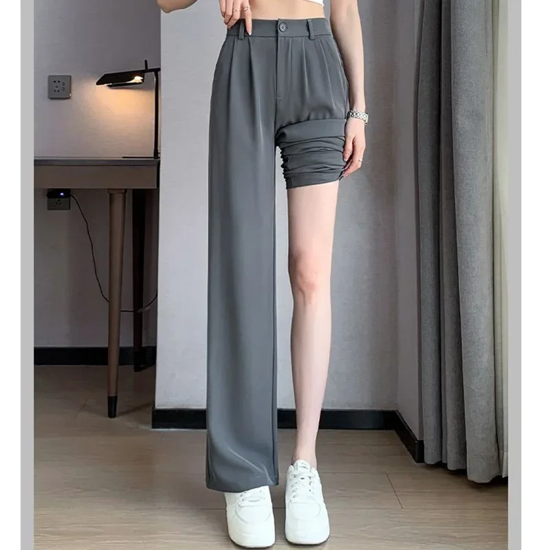 Women Suit Pants Lady Baggy High Waist Wide Leg Solid Color Trousers Female Designer Straight Leg Mom Classic Office Pant Slacks 4