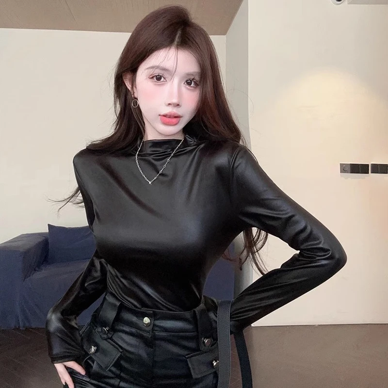 Long Sleeve T-Shirt Top Silver Women Y2K Glossy Half-Height Neck Base Shirt Slim Fitting Sexy Street Style Street Style Spring 6