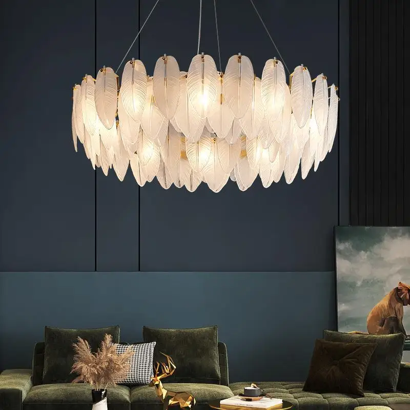 

Nordic Luxury Crystal Feather Chandeliers Led Glasses Art Indoor Luminous Lighting Decoration Pendent Lamp Dining Table Living