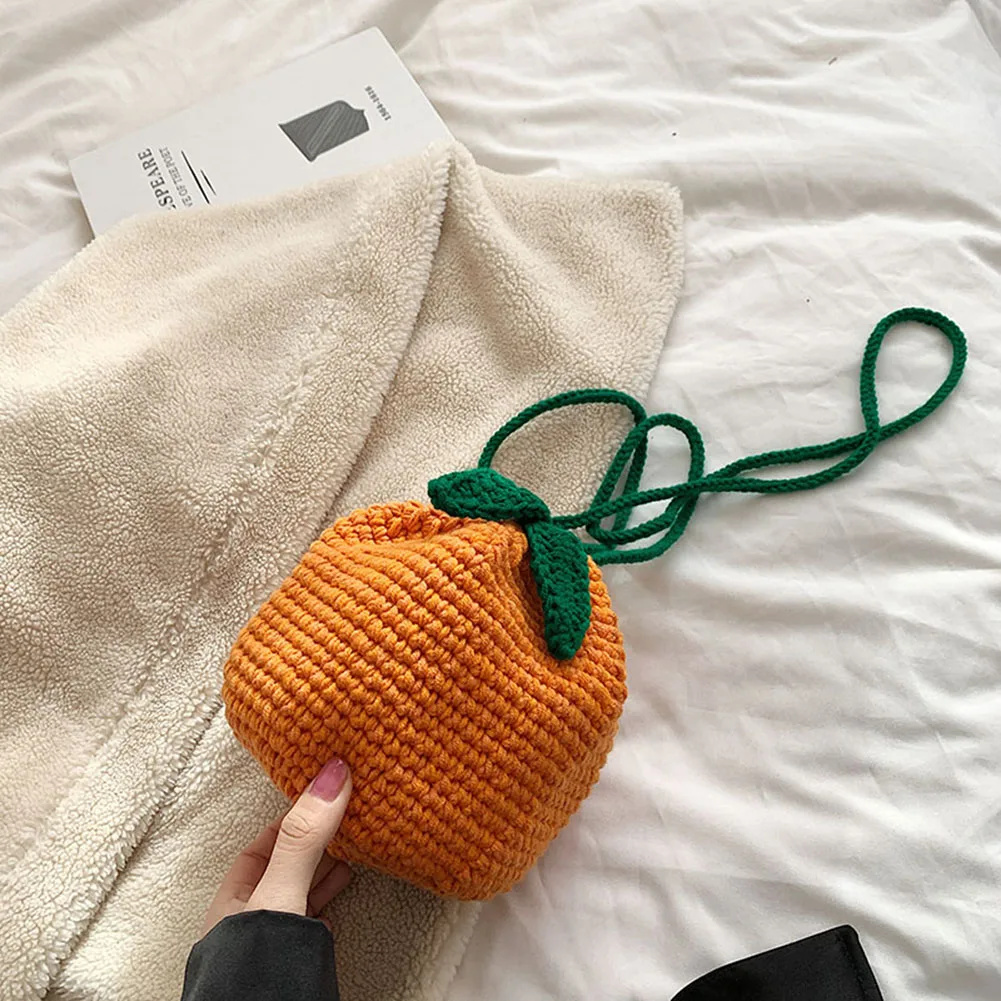 Female Crocheted Purse Drawstring Crossbody Bag Orange Shape Cute Fruit Pouch Charm Gift for Friends