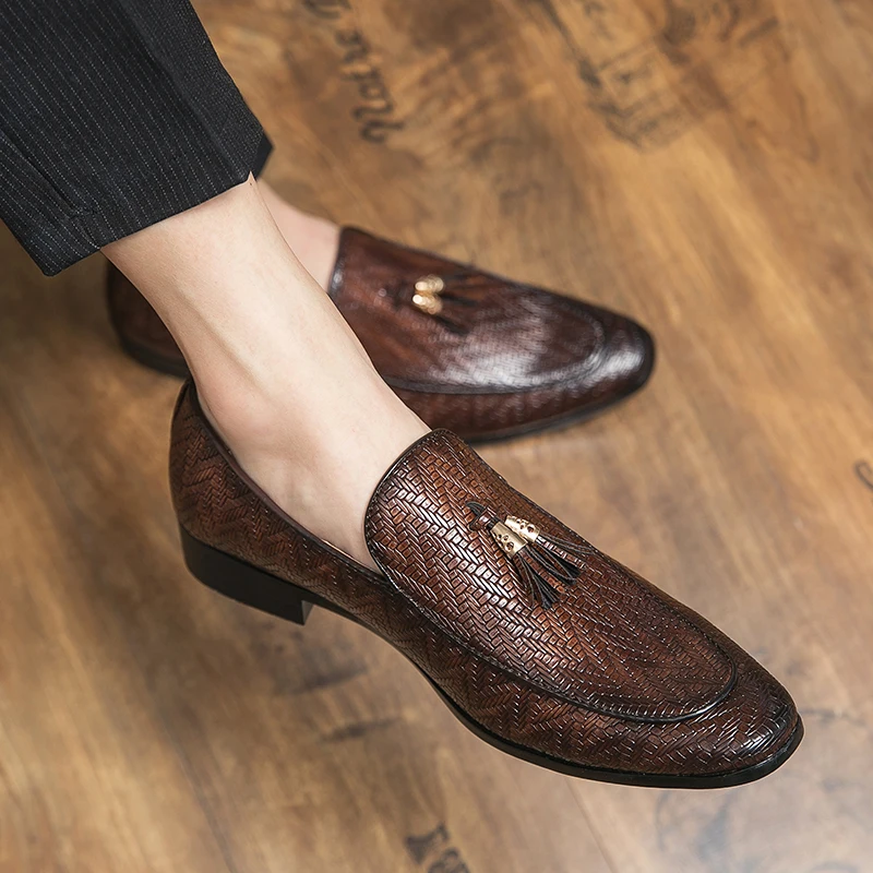Tassel Plaid Men Loafers Weaving Comfortable Soft Leisure Leather Shoes Size 38-45