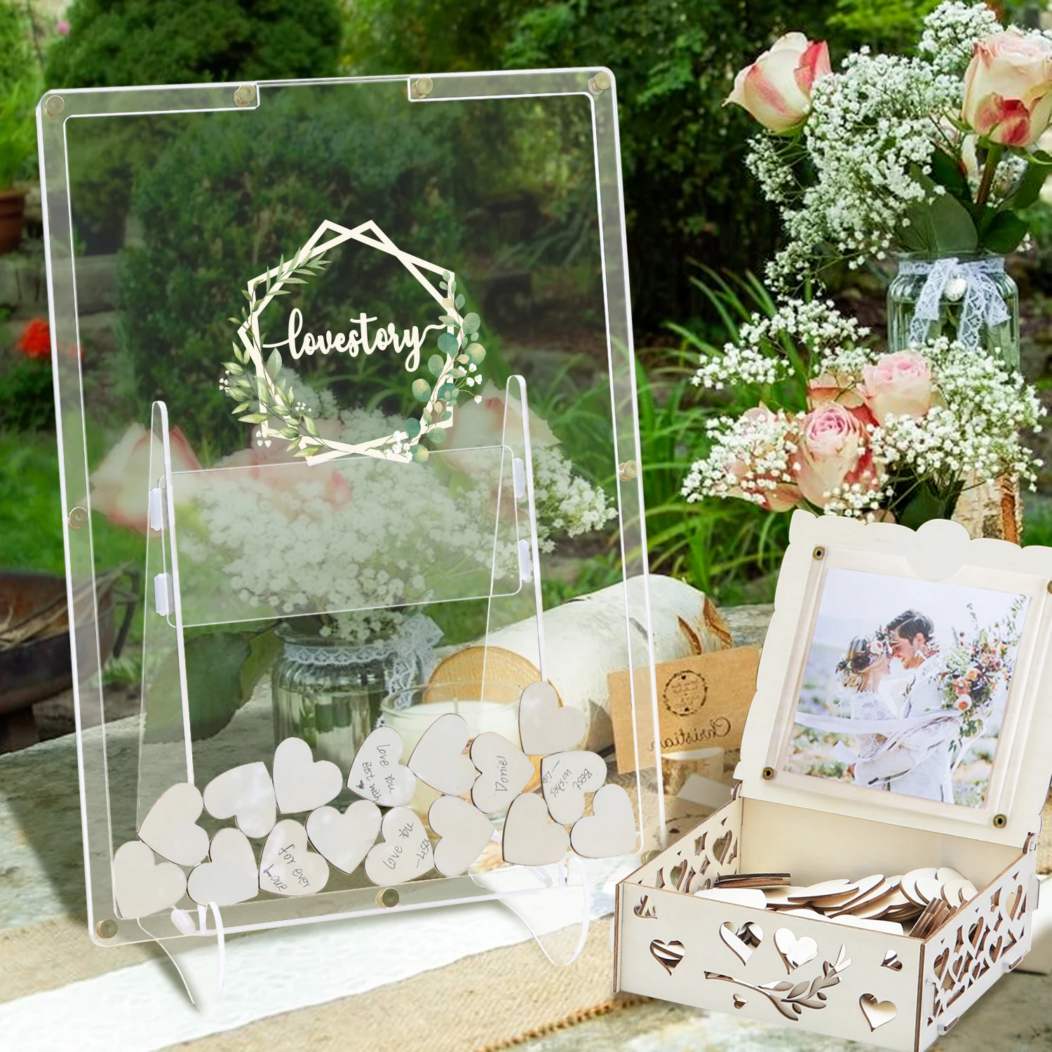 Acrylic wedding guestbook drop box with stand, 100 wooden hearts and markers, wedding signs for ceremony and reception