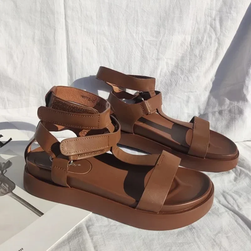 BeauToday Gladiator Sandals Women Genuine Calfskin Leather Open Toe T-Strap Thick Sole Summer Ladies Shoes Handmade_vogvips.com