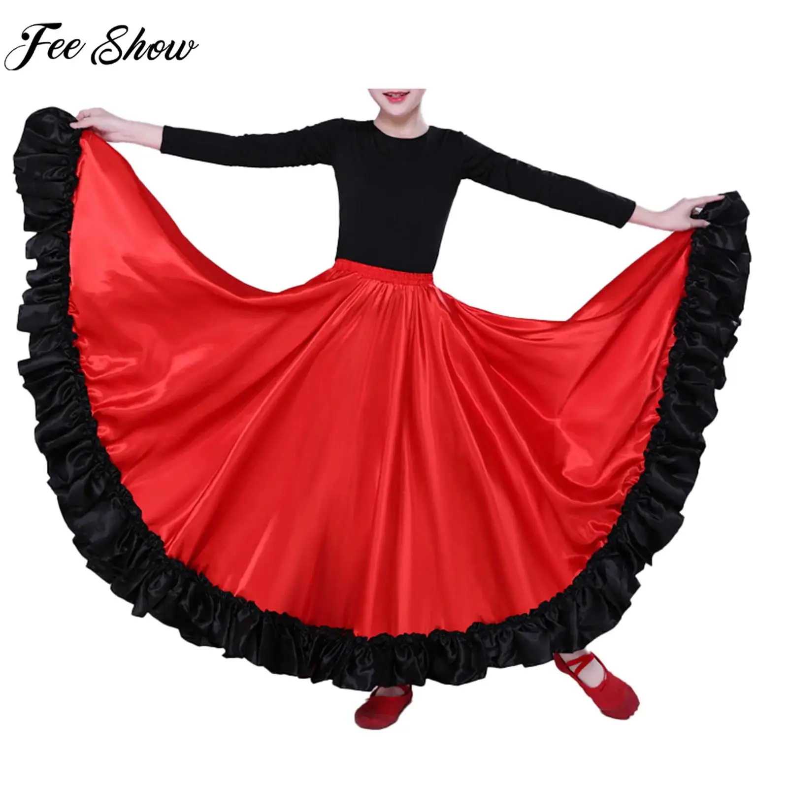 

Teen Girls Spanish Paso Doble Flamenco Tango Latin Ballroom Dance Skirt Big Swing Ruffled Hem Dancewear for Stage Performance
