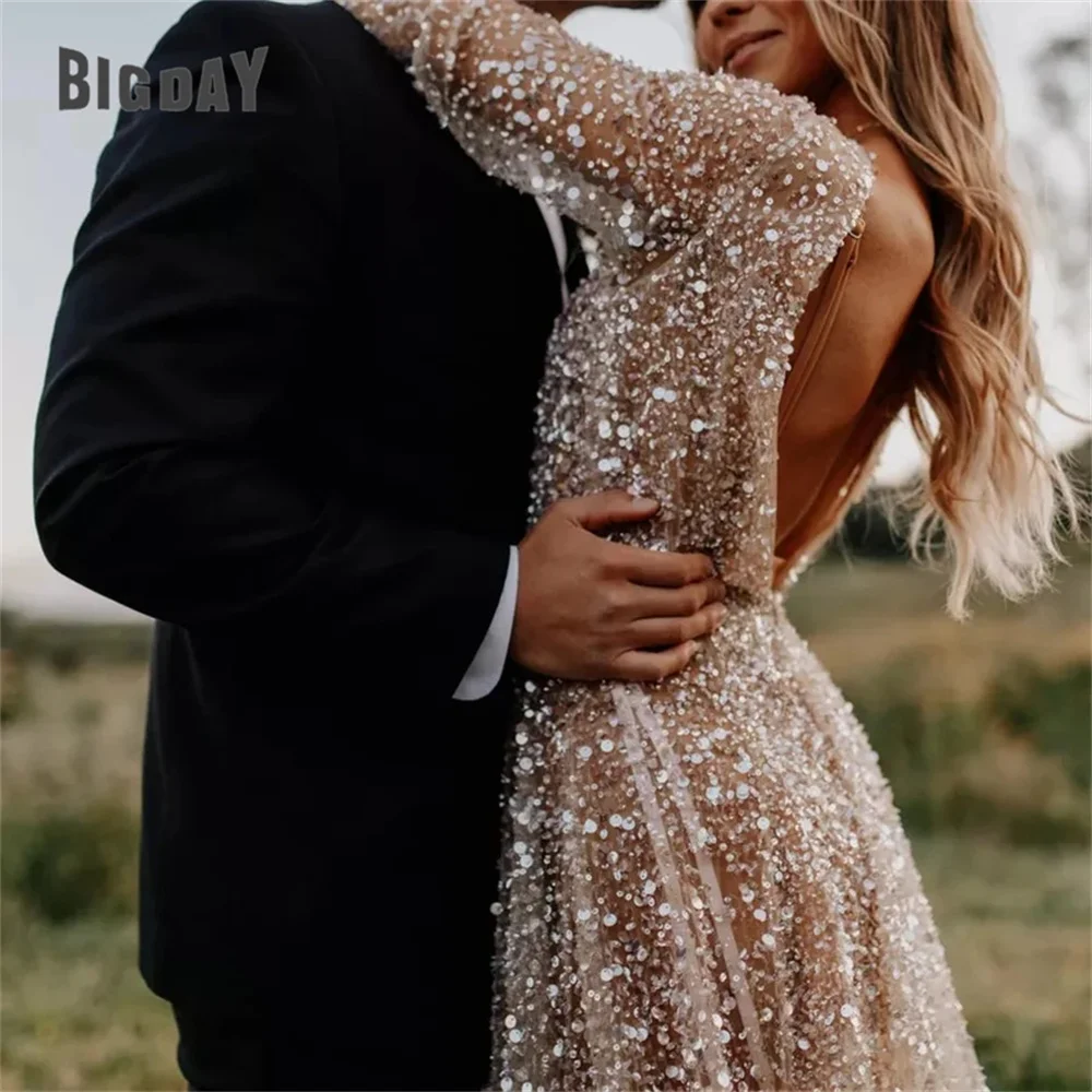 Glitter Long Sleeve Wedding Dresses 2025 Shiny Sequin O-Neck Open Back Bride Gown A-Line Open Back Vestidos De Novia Customized 5