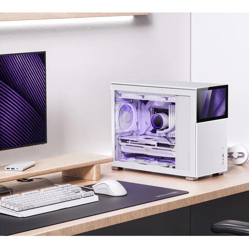 JONSBO Pinecone D31 메시 보조 스크린, 화이트 MATX 케이스, 듀얼 360 콜드 ATX 전원 C타입 Gen2, 10Gbps 표준 8 인치 스크린, 7 팬