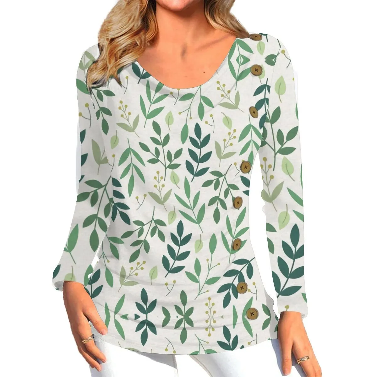 

Women'S Long Sleeve Tops Autumn Asymmetrical Floral Printed T-Shirts Slim Fit Casual Tops Swing Neck Side Buttons Blouse