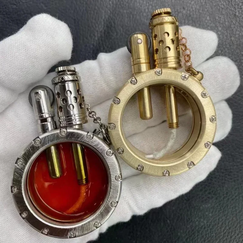 Handmade Pure Copper Gasoline Lighter Portable Round Kerosene Inflated Lighter with Transparent Oil Tank Collection Gift for Man