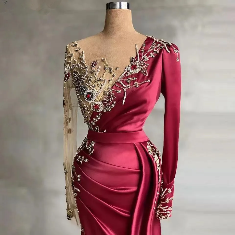 

Elegant Burgundy Satin Long Sleeve Party Dress Gemstone Crystal Decal Mermaid Floor-Length Pleats for Women فساتين مناسبة رسمية