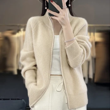 100% Pure Wool Zipper Cardigan Padded Shoulder Stand Collar Women's Cashmere Knitted Coat New Lapel Sweater 1