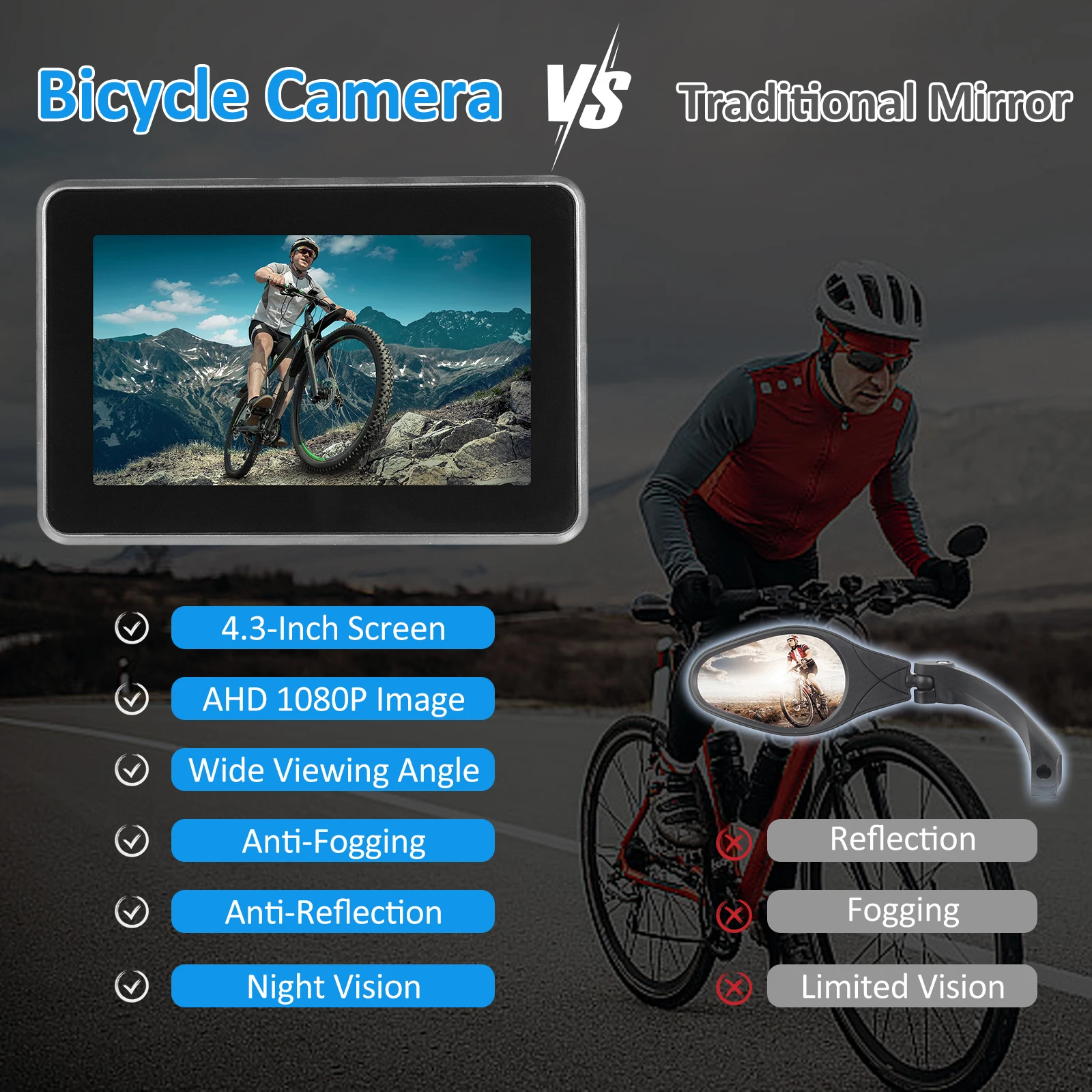 Handlebar Bike Mirror, Bicycle Rear View Camera with 4.3'' Screen Night Vision Function 150° Wide Angle View Adjustable Bracket